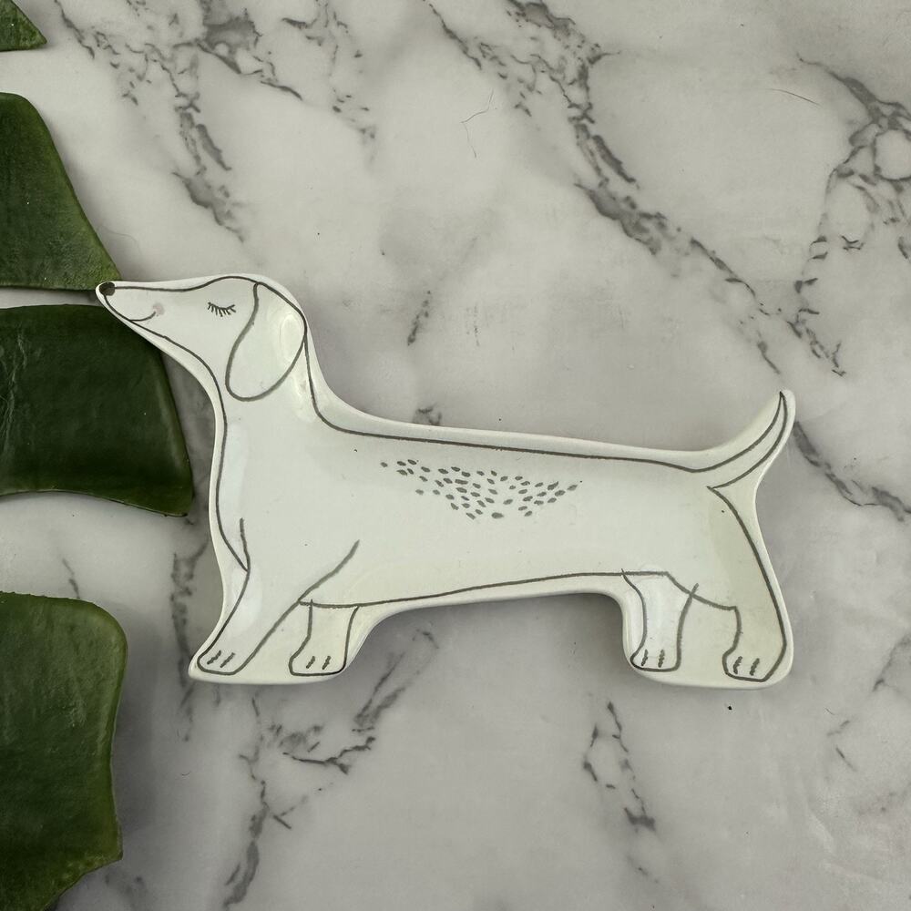 Wiener Dog Dachshund Dog Small Trinket Dish Ring Tray White Gray Puppy Ceramic